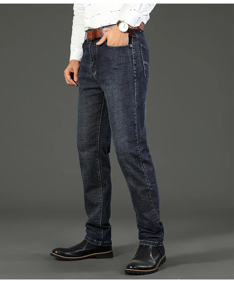 2026 Brand Slim Washed Jeans Casual Straight Stretch Fashion Classic Blue Black Work Denim Trousers Male Brand Clothing