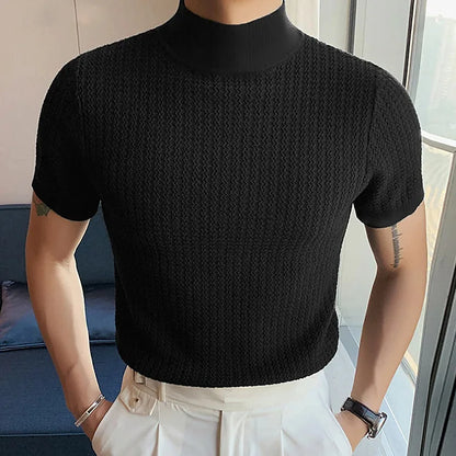 Summer New Casual Simple Knitted Base Shirt European and American Men's High Neck Water Ripple Solid Color T-Shirt