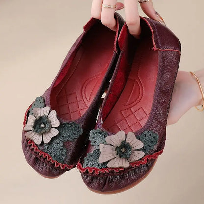 Vintage Flower Moccasins Woman Genuine Leather Ballet Flats Ladies Hollow Slip Ons Women's Luxury Loafer Purple Walking Shoes 42