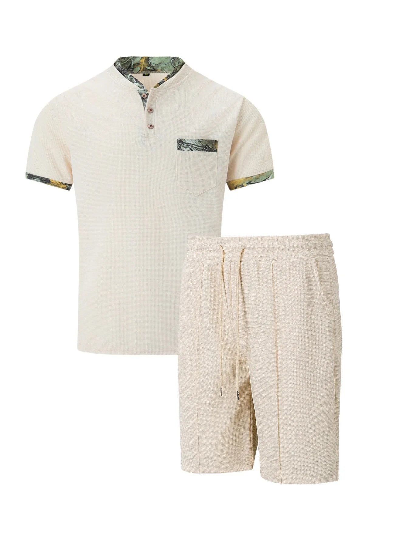 2026 Men Europe and the United States new summer Waffle solid color zip-up lapel short-sleeve suit shorts two sets