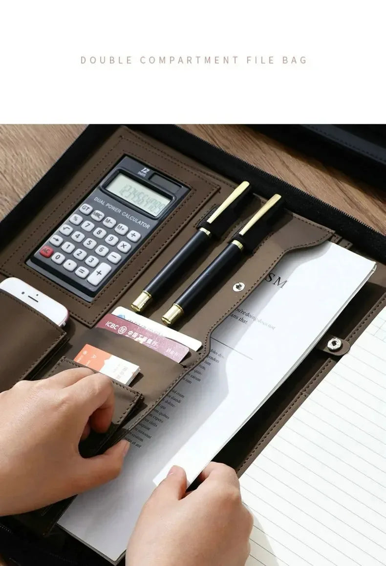 Executive Business A4 Leather Portfolio Folder Clipboard for Zippered Desk Organizer Document Briefcase Calculator for Office