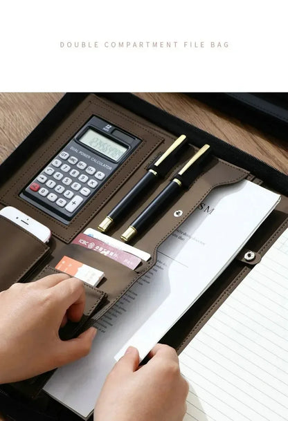 Executive Business A4 Leather Portfolio Folder Clipboard for Zippered Desk Organizer Document Briefcase Calculator for Office