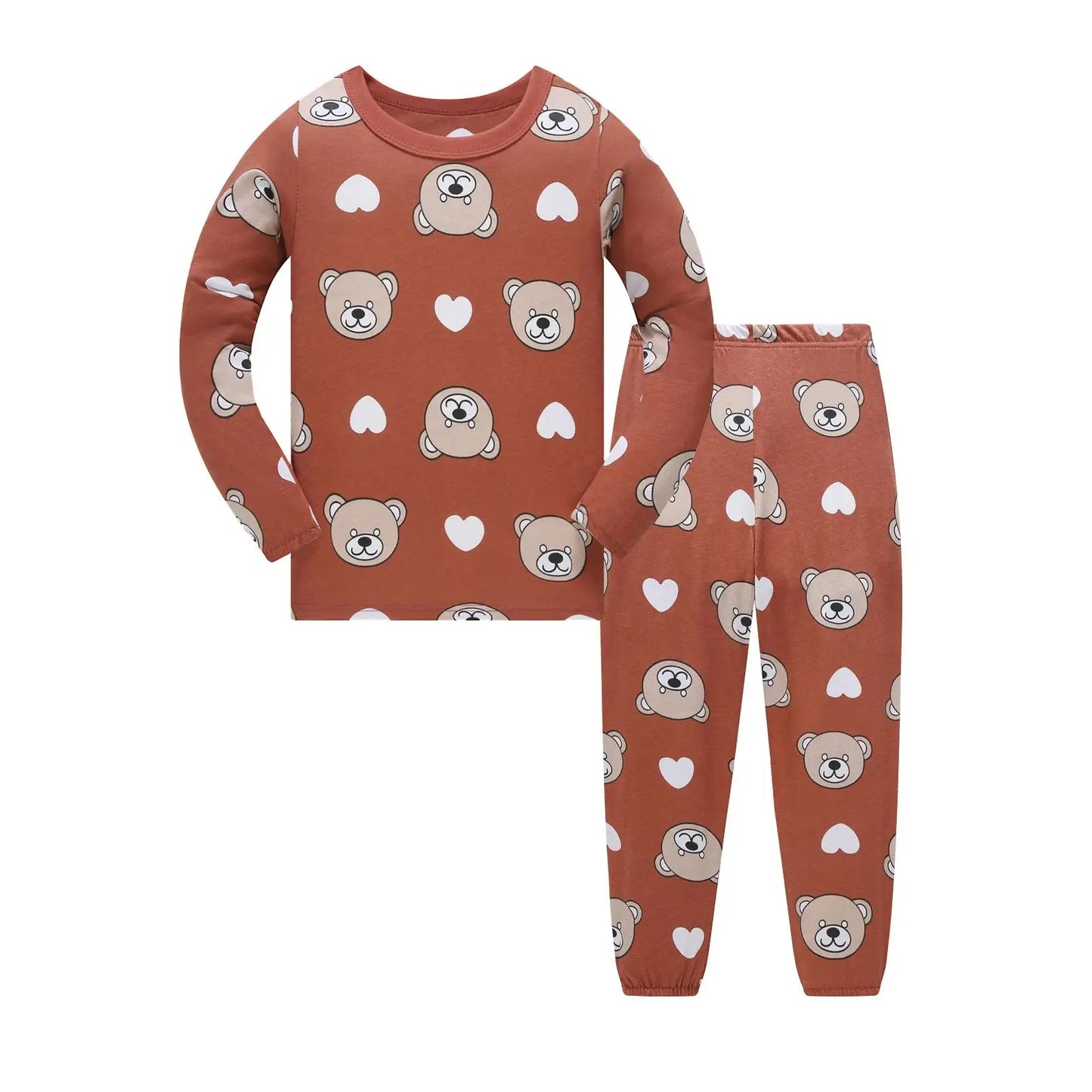 1-8 Years Kids Cotton Pajamas Set, Boys Girls Long Sleeve Home Wear, Cute Bear Print Sleepwear for Toddlers