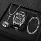 4PCS Fashion Arabic Dial Men Business Quartz Watch CasuSilicone Strap Wristwatch With Necklace Set Reloj Hombre (Without Box)