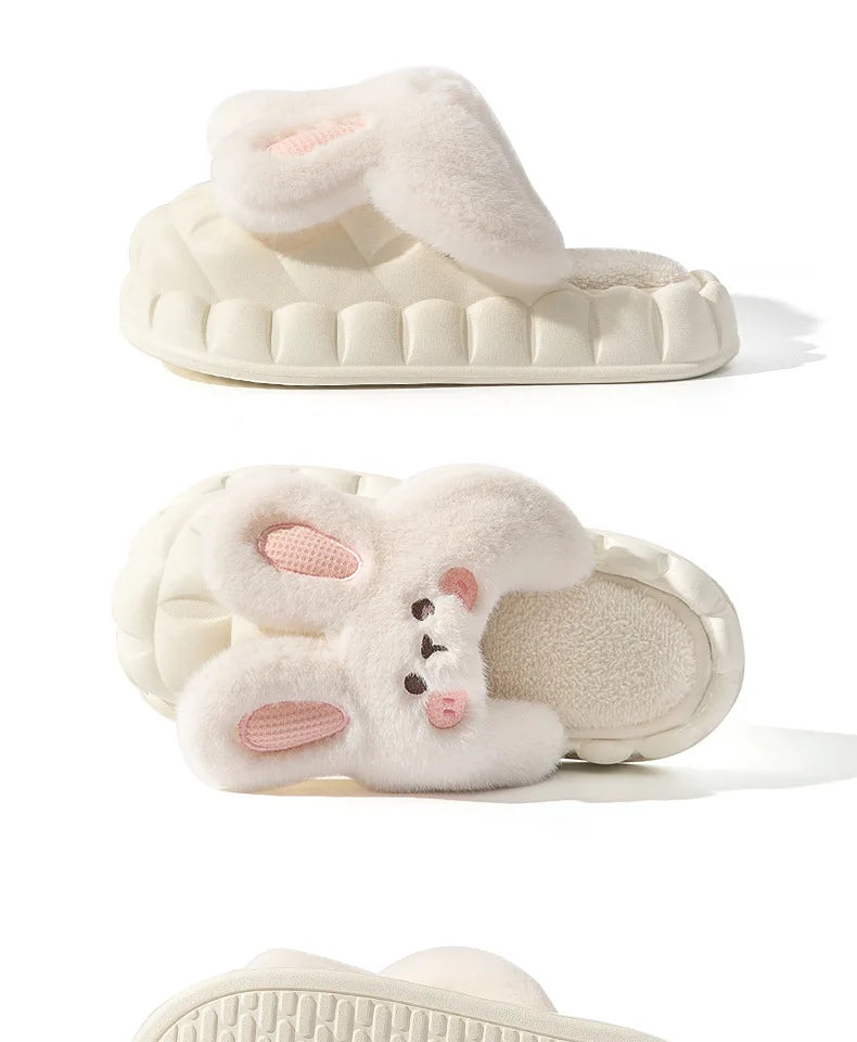 Mo Dou 2022 Winter Warm Women Slippers Waterproof Vamp Cute Rabbit Bear Decoration Indoor Outdoor Shoes Soft Plush Men Slippers