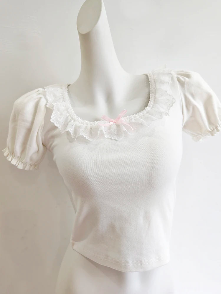 Cute T-Shirts Women Summer Lace Trim Square Collar Puff Sleeve Bows Decoration Love Shape Cotton Tees Tops for Kawaii Girls