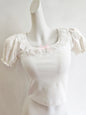 Cute T-Shirts Women Summer Lace Trim Square Collar Puff Sleeve Bows Decoration Love Shape Cotton Tees Tops for Kawaii Girls
