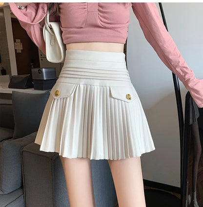 New Fashion Korean Elegant Pleated Mini Skirts Women Vintage Buttons Woolen Solid A-line High Waist Short Skirt Autumn Spring 