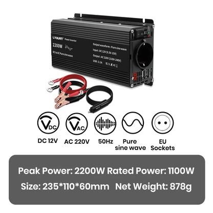 Pure Sine Wave Inverter DC 12V to AC 220V 230V 1500W/2200W/2600W/3000W Voltage Transfer Converter EU Socket Auto Accessories