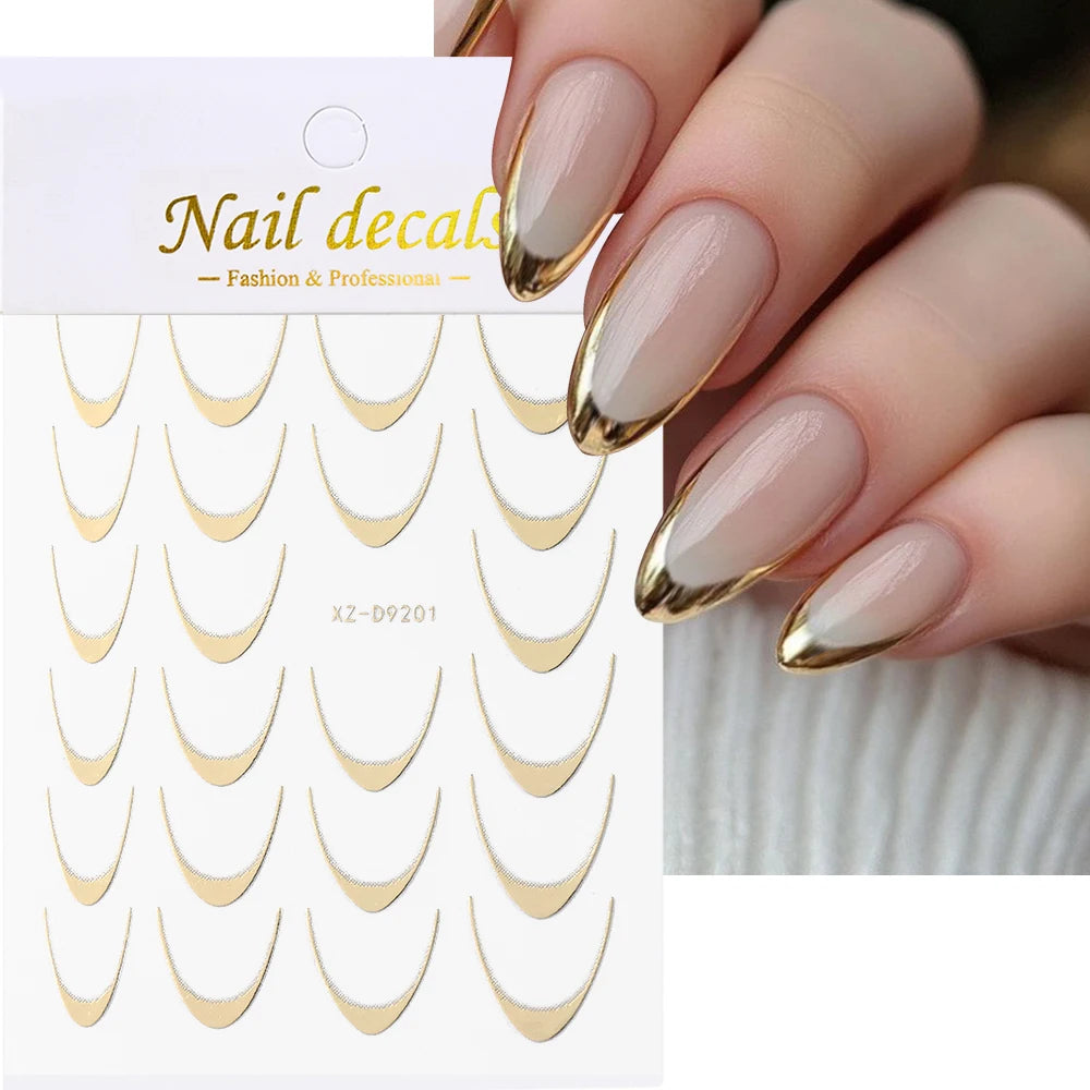 3D Gold Stamping V-Shaped French Tips Nail Art Stickers Retro Metal French Line Nail Decals Chrome Curved Strip Nail Decoration