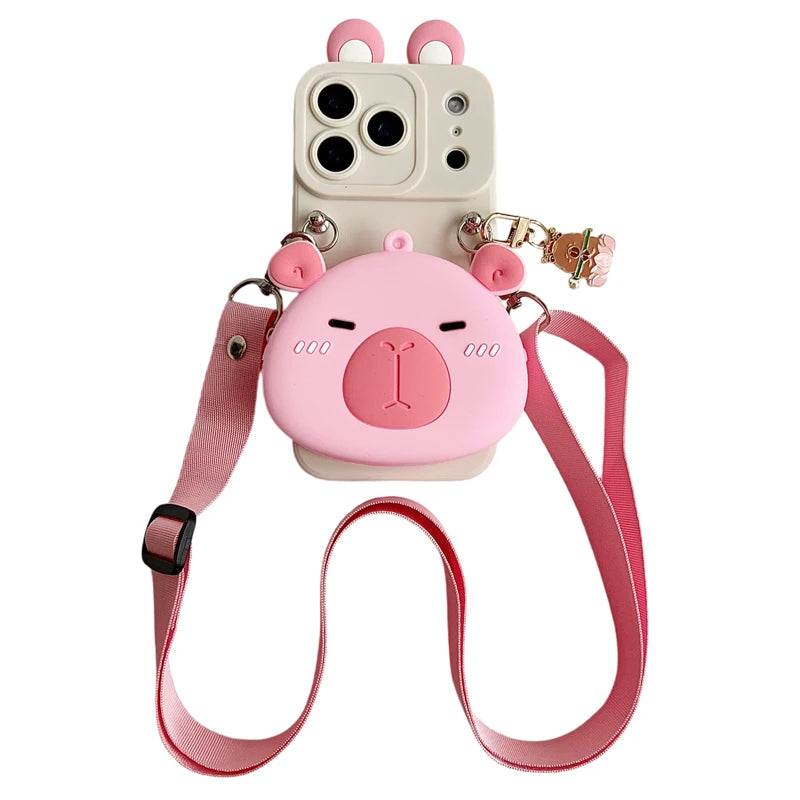 For iPhone 17 16 15 14 13 12 11 XR Xs 6 6s 7 8 SE Pro Max mini Plus e Capybara head Wallet Case With Accessories