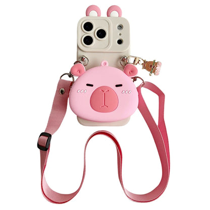 For iPhone 17 16 15 14 13 12 11 XR Xs 6 6s 7 8 SE Pro Max mini Plus e Capybara head Wallet Case With Accessories