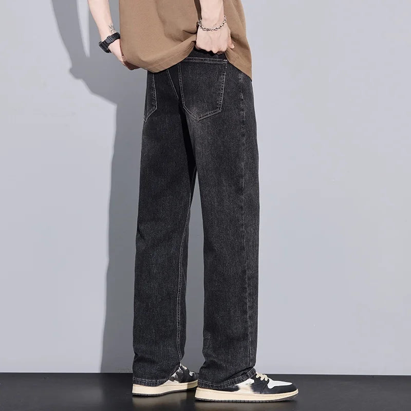 New Arrival American Vintage Wide Leg Elastic Denim Pants for Men Loose Straight Fit Flowy Versatile Casual Pants