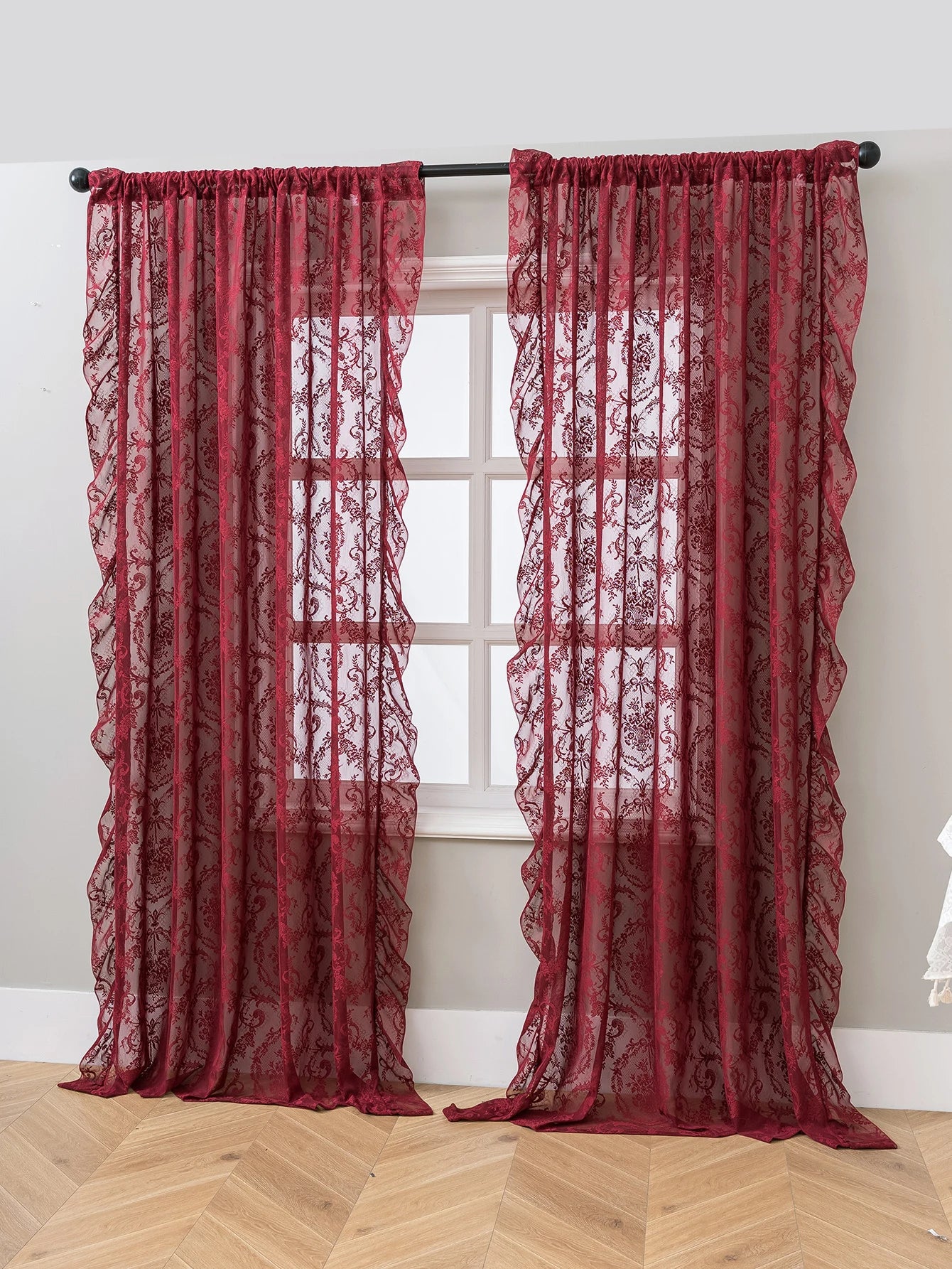 Vintage Burgundy Lace Sheer Curtains, Rod Pocket Ruffled Lace Window Curtains for Living Room Bedroom