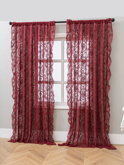 Vintage Burgundy Lace Sheer Curtains, Rod Pocket Ruffled Lace Window Curtains for Living Room Bedroom
