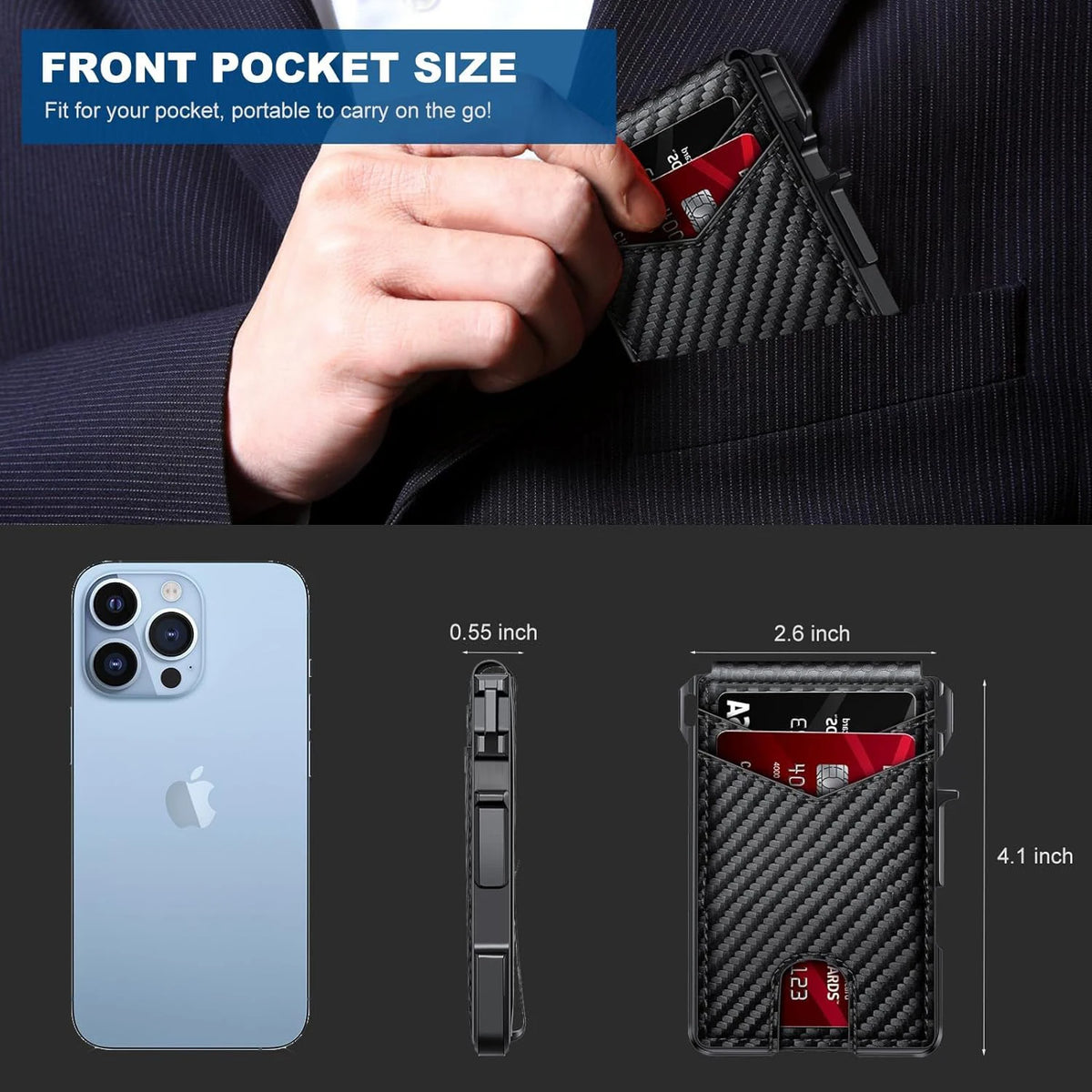 RFID Blocking Mens Wallet | Minimalist Slim Smart Pop-Up Card Holder, Metal Credit Card Wallet with Money Clip for Men