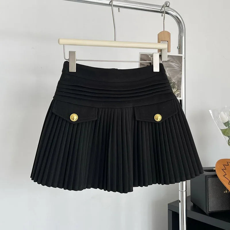 New Fashion Korean Elegant Pleated Mini Skirts Women Vintage Buttons Woolen Solid A-line High Waist Short Skirt Autumn Spring 