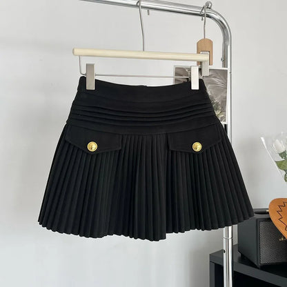 New Fashion Korean Elegant Pleated Mini Skirts Women Vintage Buttons Woolen Solid A-line High Waist Short Skirt Autumn Spring 