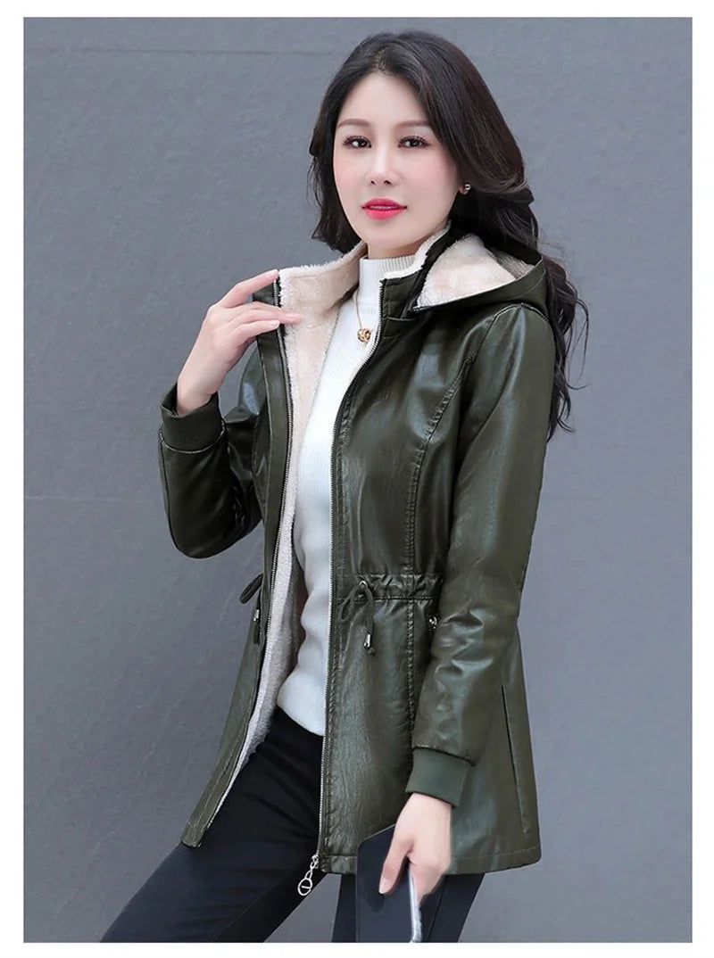 Winter Coat New Fashion Soft Leather Clothes Women's Long Sheep Leather Jacket Plus Velvet Padded Warm Coat