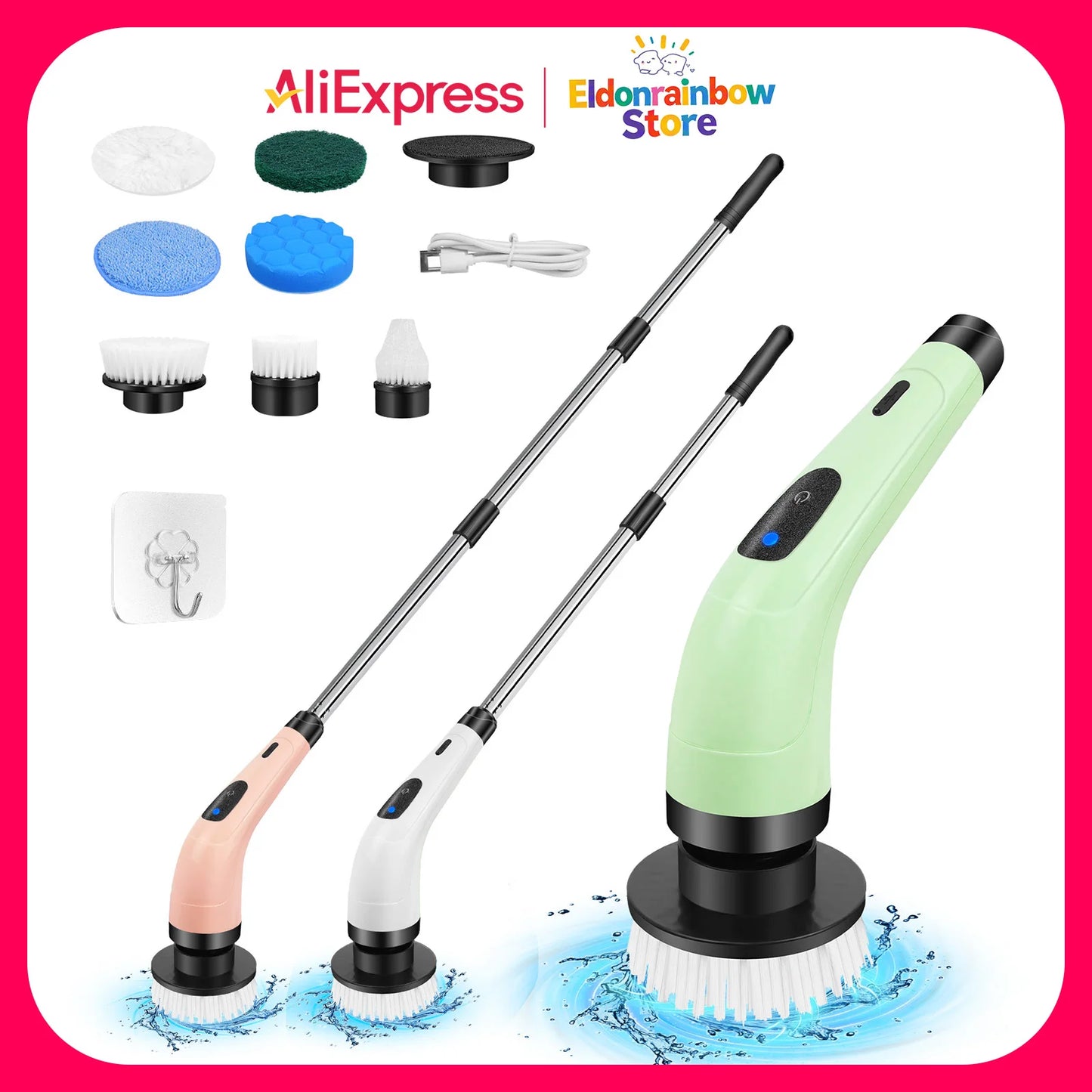 Cordless Electric Cleaning Brush - 7-in-1 Multi-Surface Scrubber with 2-Speed Adjustment, Detachable Extension Handle