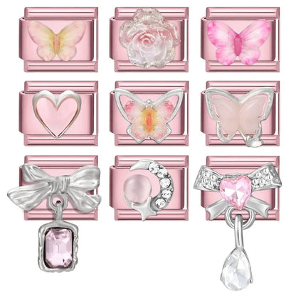2025 New Women Romantic Pink Cherry Heart Shiny CZ Italian Charm Links Fit 9mm Bracelet Stainless Steel DIY Making Jewelry Gifts