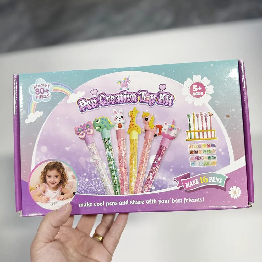 DIY Glitter Pen Making Kit Kids Craft Supplies 80+ Pieces Handmade Art Set Make 16 Pens Cartoon Decor Birthday Gift for Girls Bo