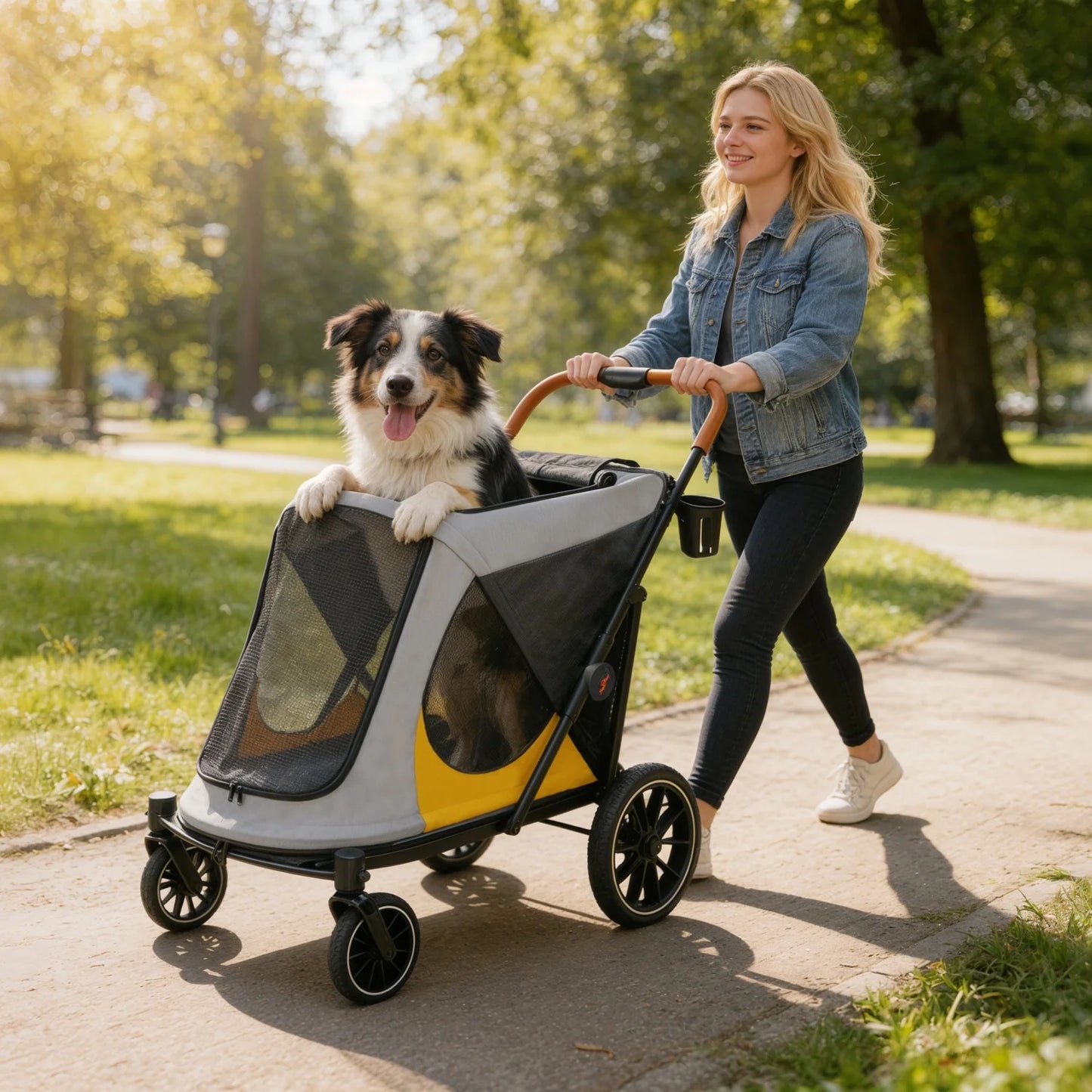 One-Click Folding Dog Stroller for Large Dogs Outdoor Pet Jogger Wagon Stroller Carrier with Storage Pockets 4 Wheels Pet Travel Stroller