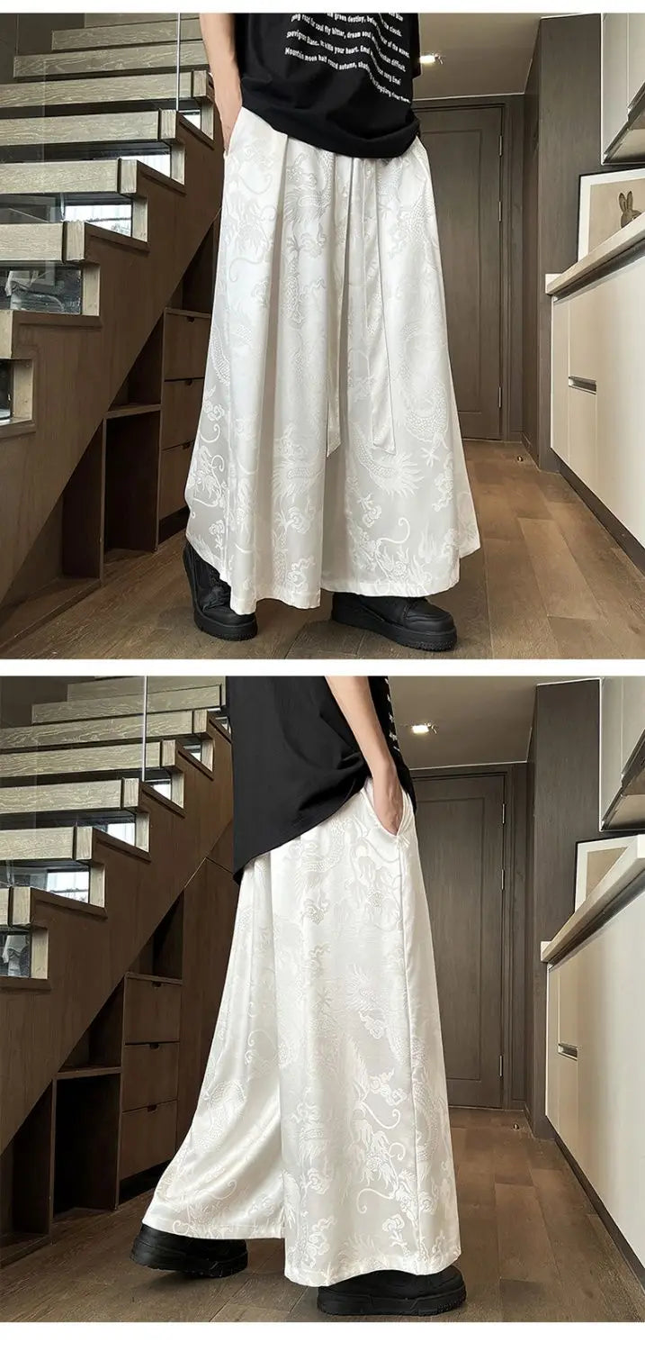 Men's Black Dragon Jacquard Wide-Leg Pants - New Chinese Style Satin Belted Trousers