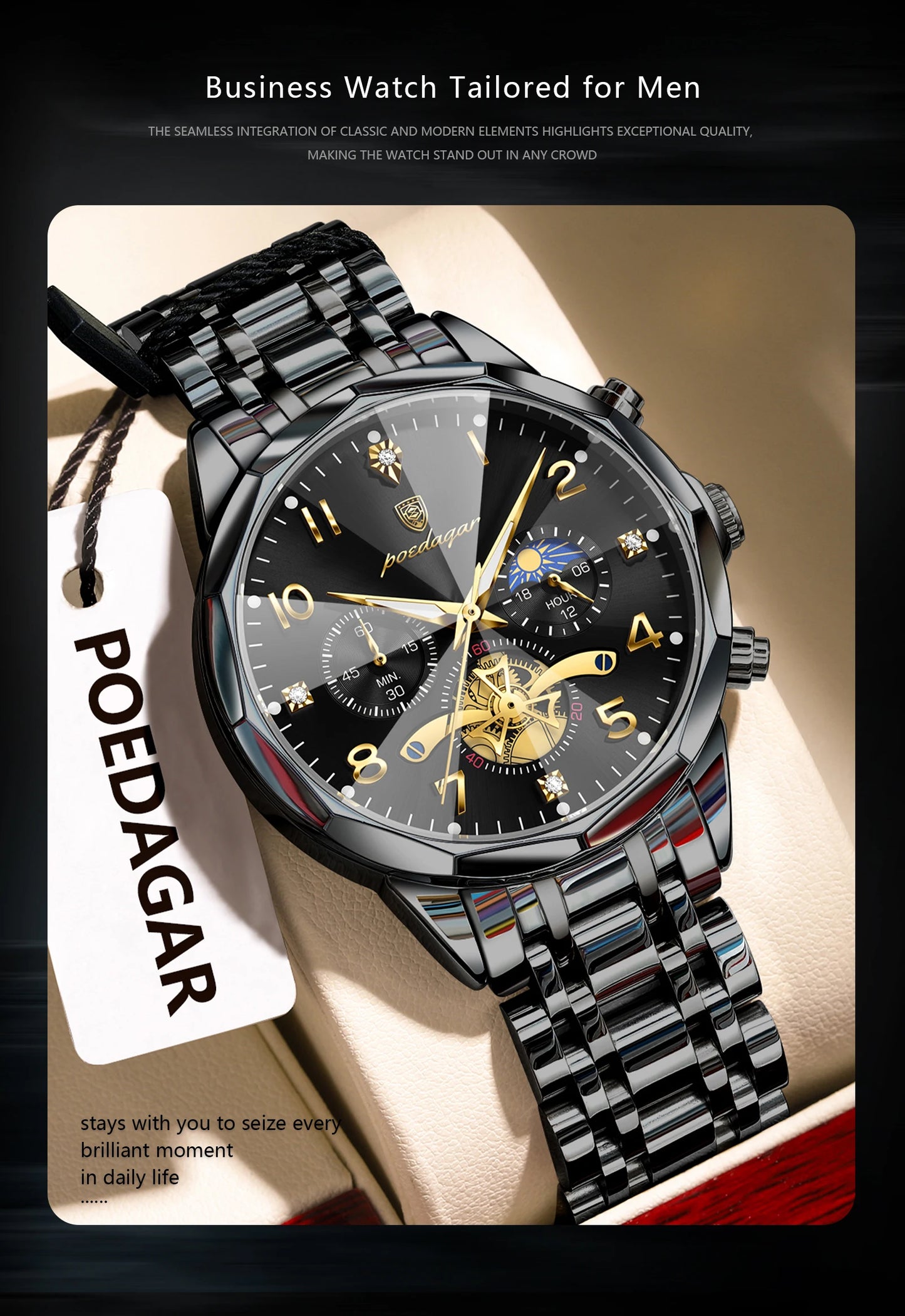 POEDAGAR Luxury High Quality Man Wristwatch Chronograph Stainless Steel Quartz Men's Watches Waterproof Luminous Men Clock Reloj