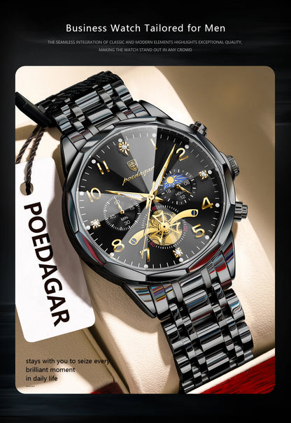 POEDAGAR Luxury High Quality Man Wristwatch Chronograph Stainless Steel Quartz Men's Watches Waterproof Luminous Men Clock Reloj