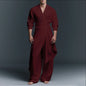 INCERUN Men Sets Solid V Neck Long Sleeve Long Style Shirt & Pants Two Pieces Sets Streetwear Loose Vintage Casual Men's Suit