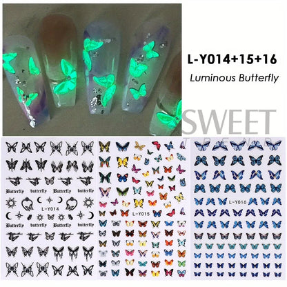 3pcs Luminous Butterfly Nail Decal Stickers Colorful Blue Butterfly Series Design Glow In The Dark Night Polish Sliders Manicure