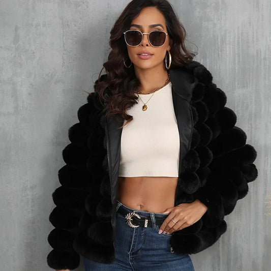 2026 Faux Fur Women Coats Hooded Full Sleeve Short Coat Zipper Thick Warm Solid Temperament Elegant Splice Autumn Winter