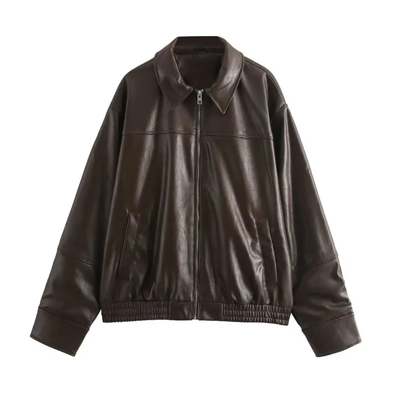 Street Women's Belt Leather Jackets Loose Lapel Zipper Long Sleeve Pockets Female Coats 2026 Autumn Lady Fashion Y2k Outwear