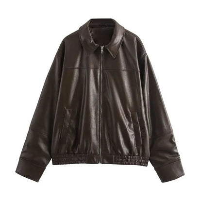 Street Women's Belt Leather Jackets Loose Lapel Zipper Long Sleeve Pockets Female Coats 2026 Autumn Lady Fashion Y2k Outwear