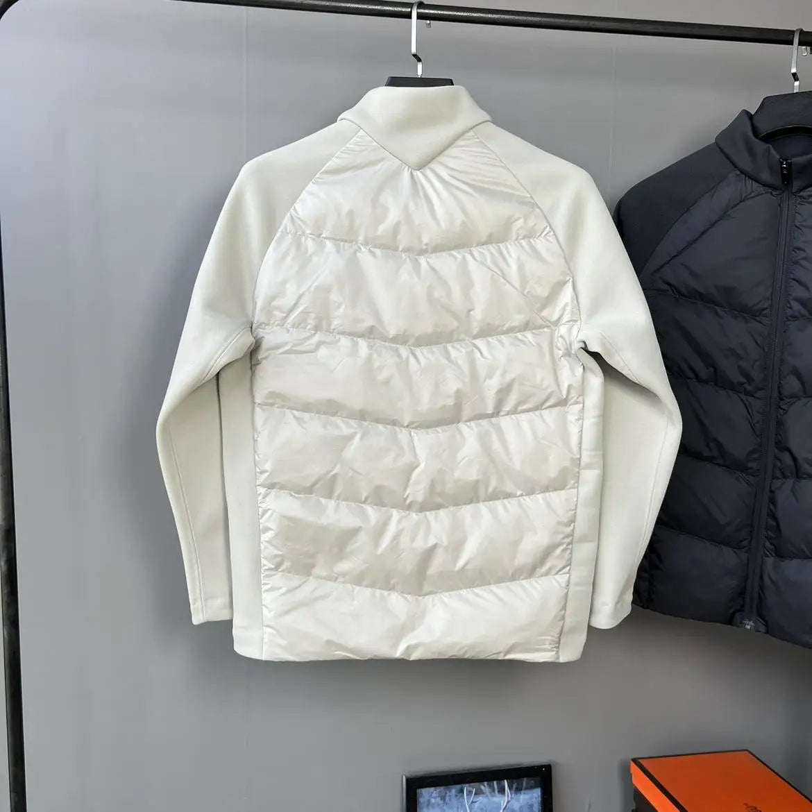 90 white duck down three-proof fabric men's down jacket, stand-up collar knitted patchwork sports outdoor winter coat