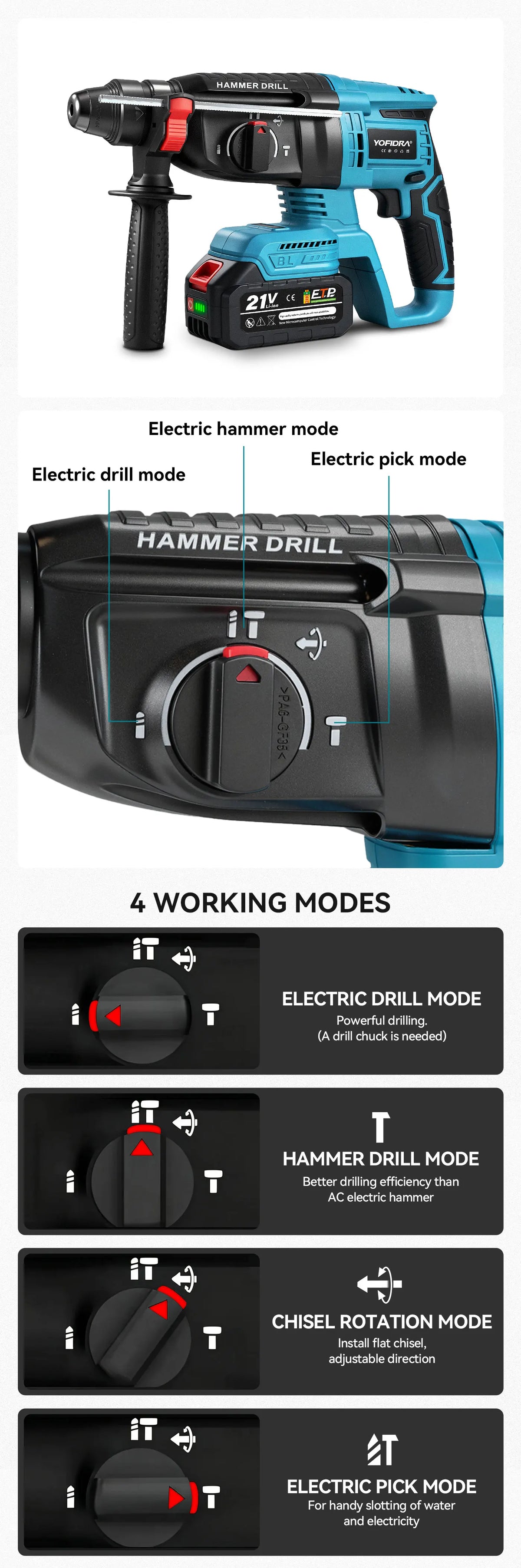 YOFIDRA 26mm Brushless Electric Rotary Hammer Cordless Multifunctional Impact Hammer Drill Power Tools For Makita 18-21V Battery Pin