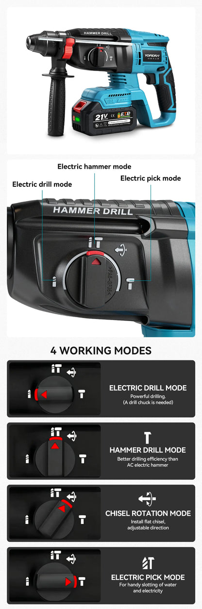 YOFIDRA 26mm Brushless Electric Rotary Hammer Cordless Multifunctional Impact Hammer Drill Power Tools For Makita 18-21V Battery Pin