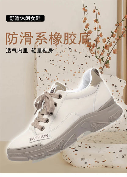 Spring Non-slip Soft Leather Sneaker Trekking Footwear New Women's Thick-soled Lace-up Leisure Skateboard Sports Shoes