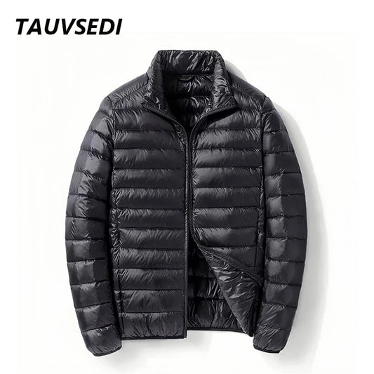 Men White Duck Down Jacket Warm Hooded Ultra Lightweight Packable Coat Winter Water and Wind-Resistant Breathable Down Jacket