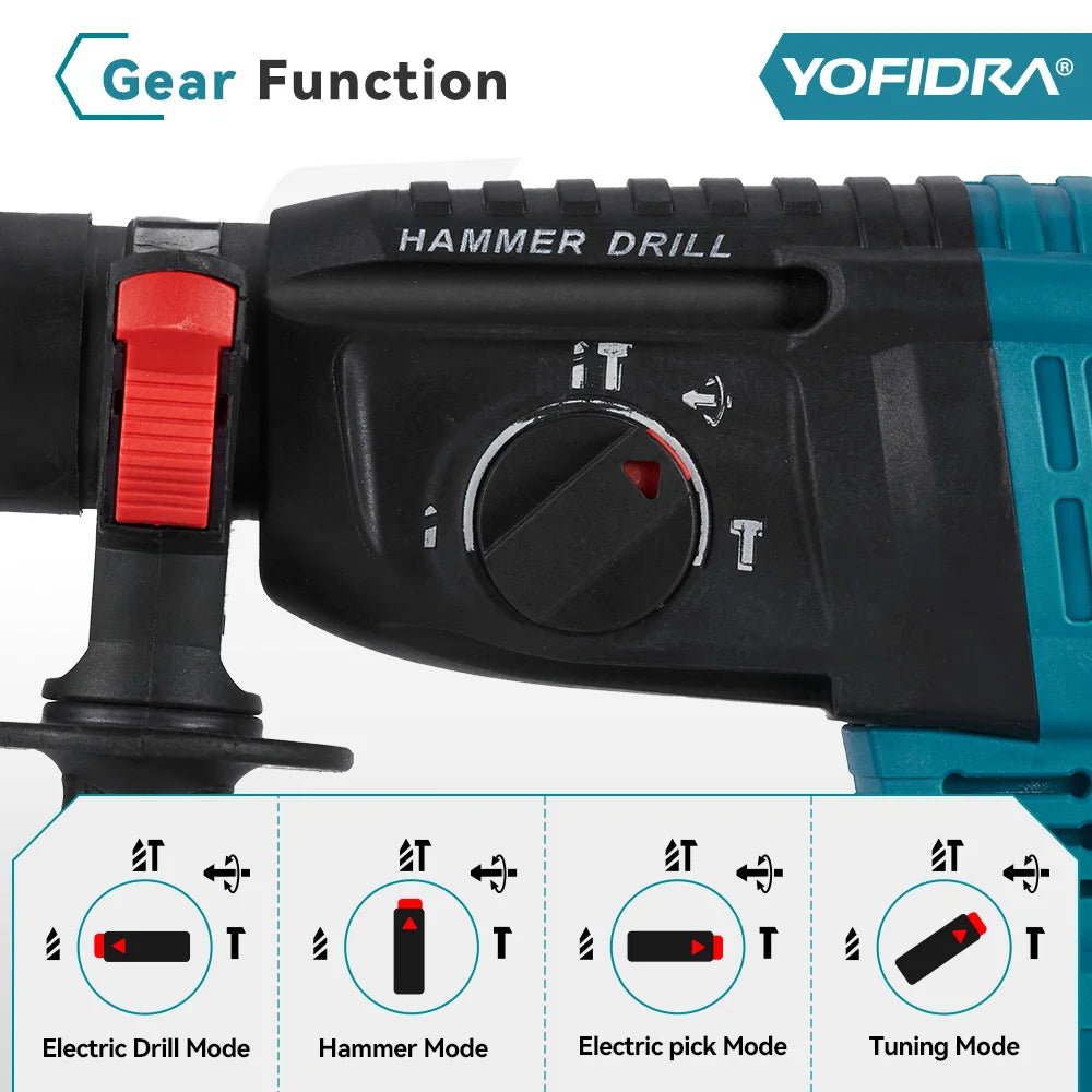 YOFIDRA 26MM Brushless Electric Hammer Drill Multifunctional Rotary Cordless Rechargeable Power Tools For Makita 18V Battery Pin