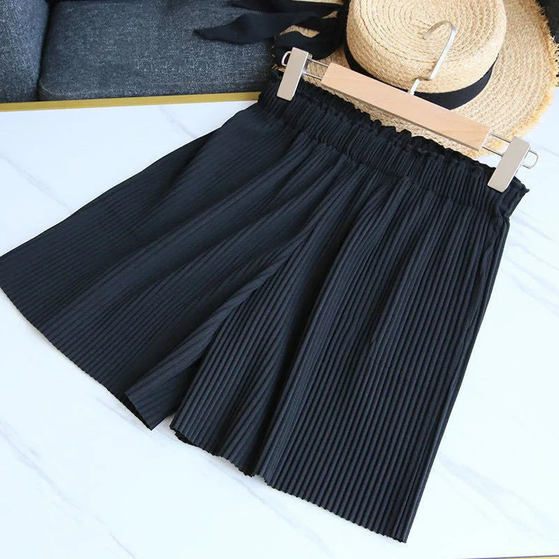 Women Casual Wide Leg Shorts 2025 Summer Elastic High Waist Pleated Shorts Woman Solid Color Loose Ice Silk Knee-Length Pants