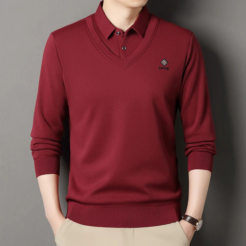 Men's Fleece Lined Sweater Polo Collar Pullover Tops Fashion Business Causal Pullovers Korean Slim Fit Thick Winter Clothes