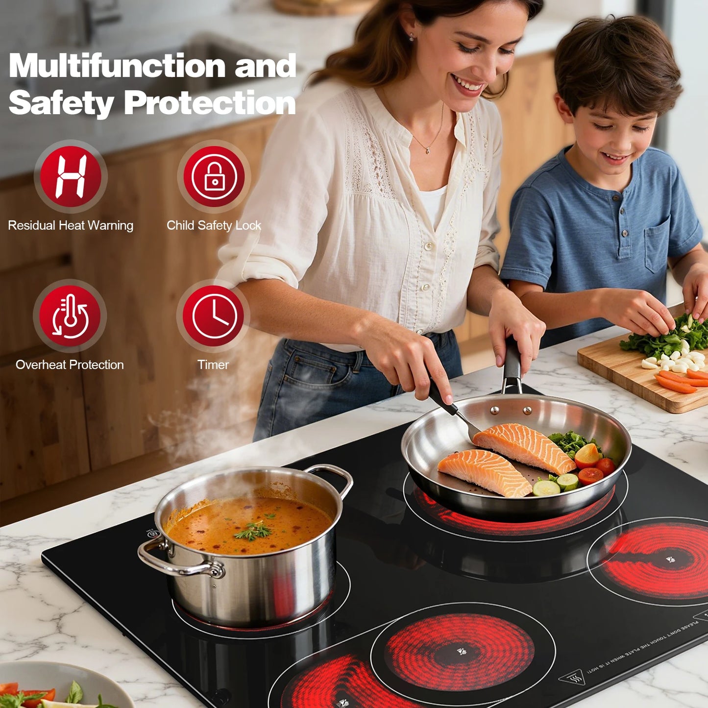 2-Zone Ceramic Hob, 3000W with Child Lock, 9 Heat Levels, 1-99min Timer, Black (CE Certified)
