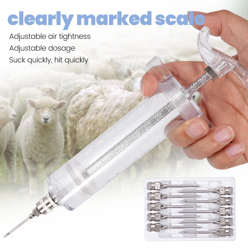 10/20/30/50ml Farm Animal Syringes Plastic Adjustable Dose Vaccine Injection with 10pcs needles Livestock Dispensing Tools