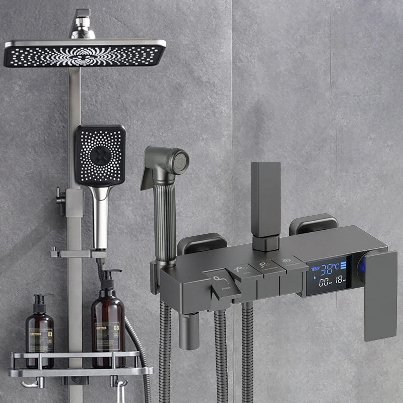 Gold Piano Digital Display Bathroom Shower Set Brass Bathroom Faucet Accessories Thermostatic Digital Bathroom Shower System