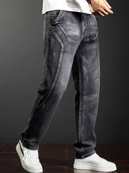 Men's New Straight Leg Stretchable Jeans Casual Pants with Personality Design Comfortable Fit Modern Style