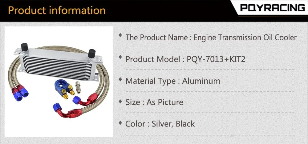 Universal 13 Rows Oil Cooler Kit + Oil Filter Sandwich Adapter + Nylon Stainless Steel Braided An10 Hose W/ PQY Sticker+Box