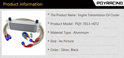 Universal 13 Rows Oil Cooler Kit + Oil Filter Sandwich Adapter + Nylon Stainless Steel Braided An10 Hose W/ PQY Sticker+Box