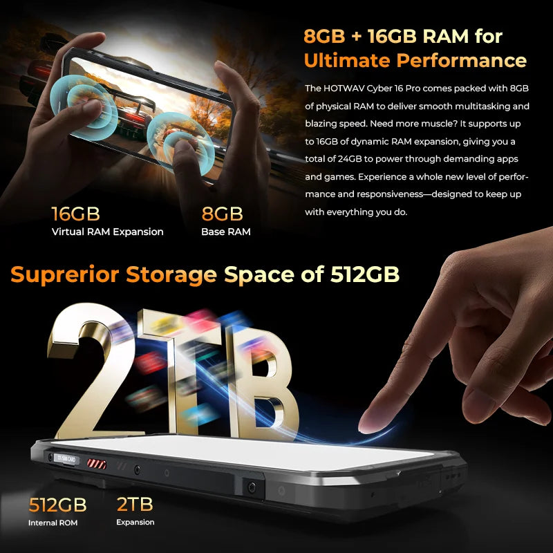 HOTWAV Cyber 16 Pro Rugged Smartphone G100 Octa-core Android 15 Mobile Phone 108MP 6.6'' FHD+ 2K 8GB 512GB 6280mAh Cellphone